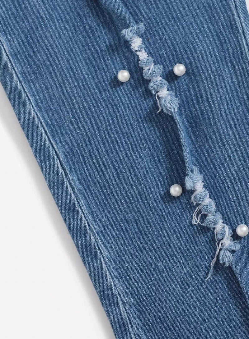 Girls Ripped Pearls Beaded Jeans  - Image 3