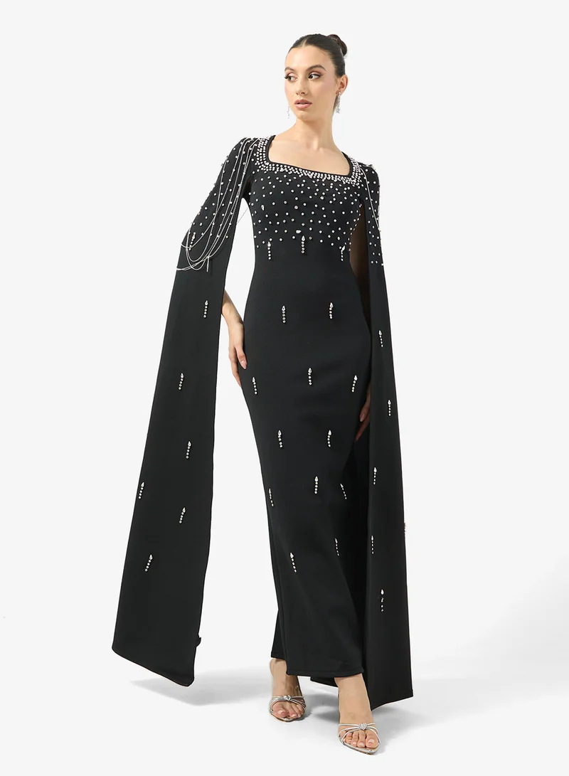 Ginger Boutique Rhinestone Embellished Luxe Cape Maxi Gown