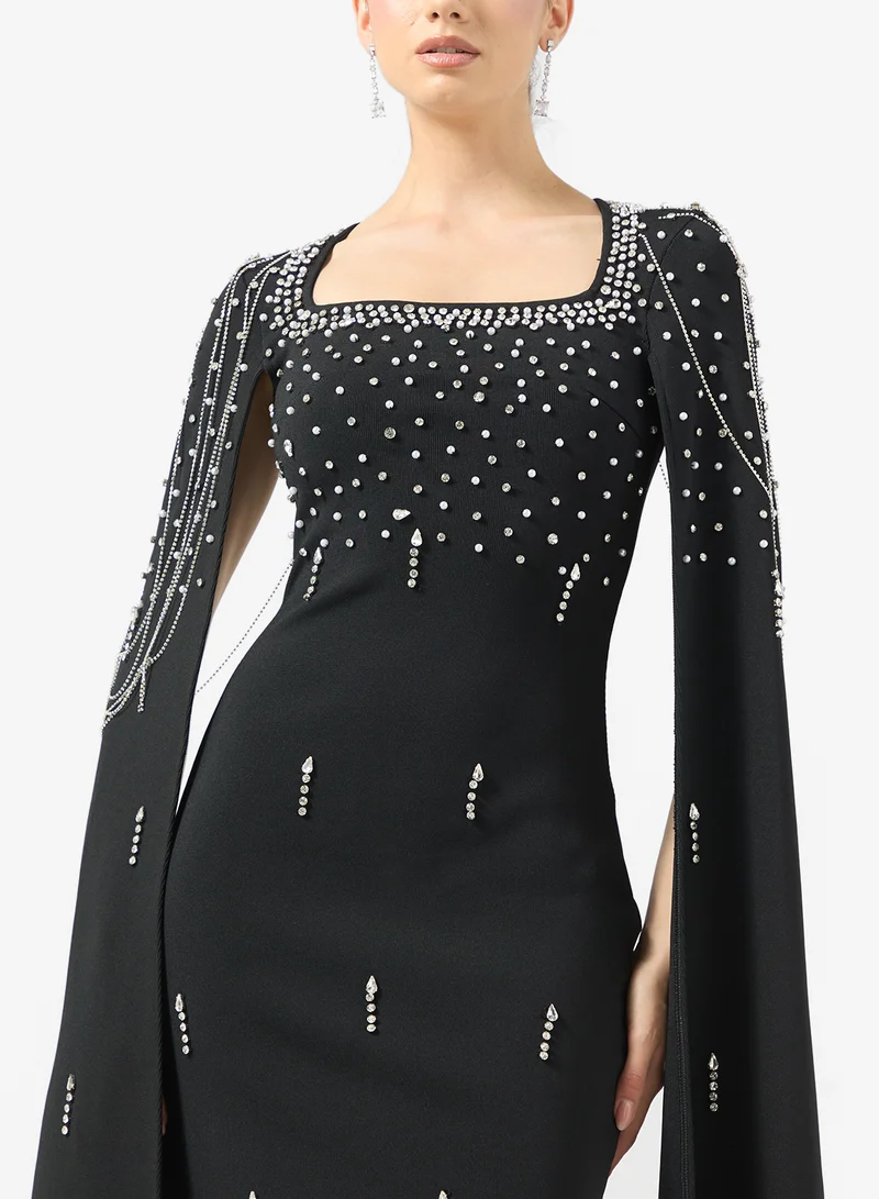 Ginger Boutique Rhinestone Embellished Luxe Cape Maxi Gown
