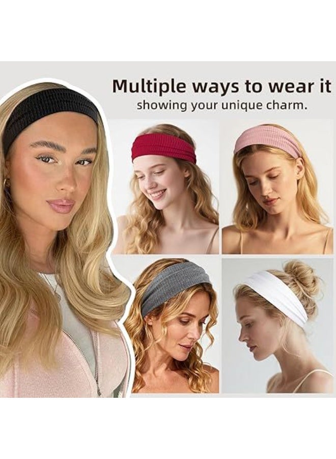 3PCS,Womens Wide Non Slip Ribbed Sports Headband Soft Stretch Sweat Absorbent Hair Band for Yoga Running Gym Workout Daily Wear Khaki - Image 4
