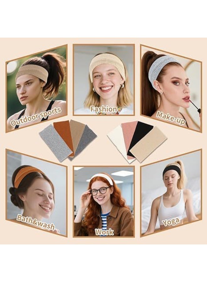 3PCS,Womens Wide Non Slip Ribbed Sports Headband Soft Stretch Sweat Absorbent Hair Band for Yoga Running Gym Workout Daily Wear Khaki - Image 3