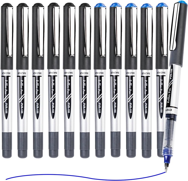 EYEYE Liquid Ink Rollerball Pens, 0.7mm Fine Tip, Pack of 12 (6 Black, 6 Blue) Roller Pens, Quick Dry, Smooth Writing for Journaling, Notes, Office and School Supplies - Image 2