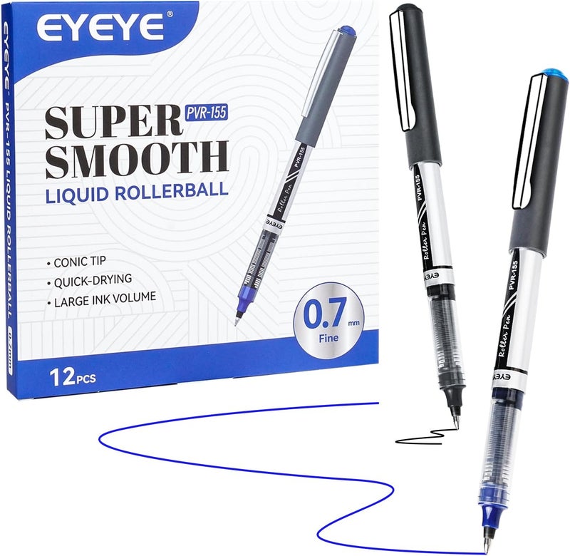 EYEYE Liquid Ink Rollerball Pens, 0.7mm Fine Tip, Pack of 12 (6 Black, 6 Blue) Roller Pens, Quick Dry, Smooth Writing for Journaling, Notes, Office and School Supplies - Image 1