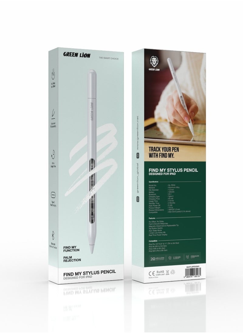 GREEN LION - Find My Stylus Pencil with Advanced Tilt Sensitivity & No Delay, No Offset / Universal Compatibility / iPad Compatible / 3 Months Standby Time / 130 mAh Battery Capacity / 1.5 mm Point Size / 5 min Auto Powe Off - White - Image 1