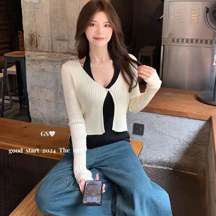 Contrast Color Fake Two-Piece Long-Sleeved T-Shirt Women'S Autumn New Korean Style Wear Chic Slim-Fit Knit Top - Image 1