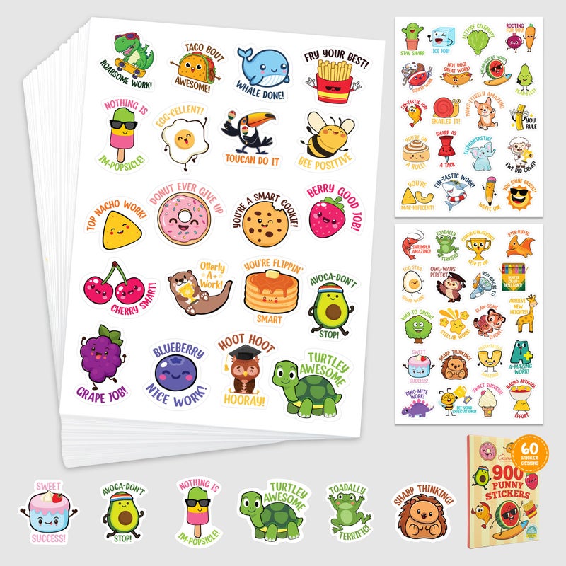 Decorably 900 Punny Teacher Stickers for Kids Classroom - 45 Sheets with 60 Fun and Colorful Designs for Classroom Activities, Positive Reinforcement, Arts & Crafts, Scrapbooking, Gift - Image 1