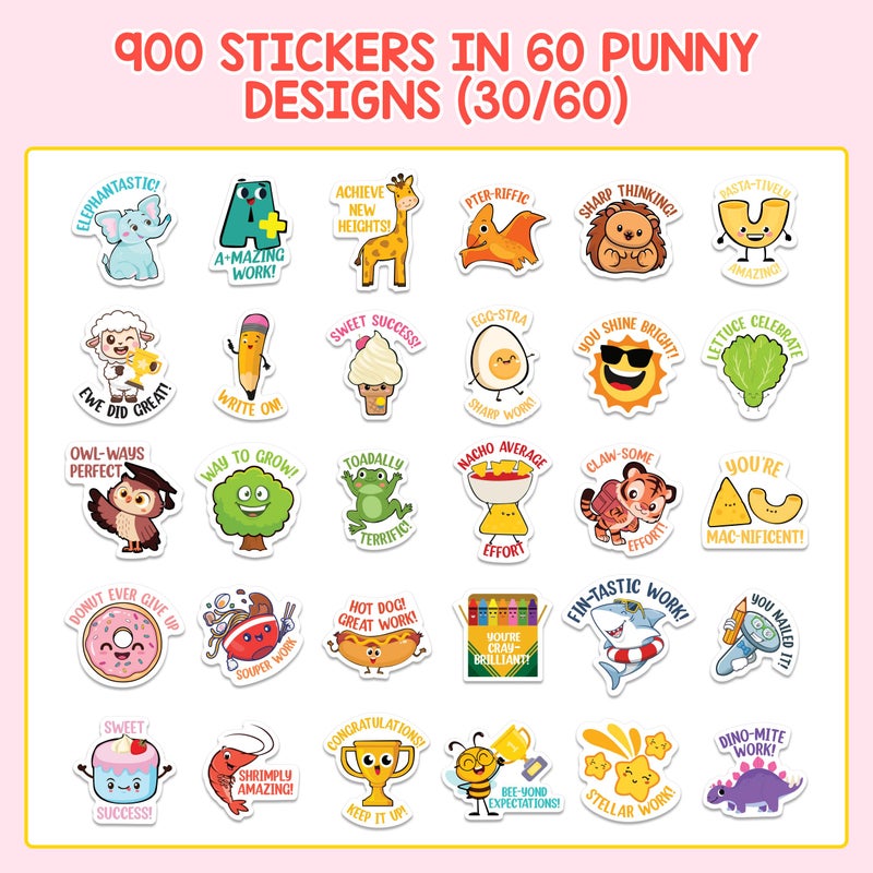 Decorably 900 Punny Teacher Stickers for Kids Classroom - 45 Sheets with 60 Fun and Colorful Designs for Classroom Activities, Positive Reinforcement, Arts & Crafts, Scrapbooking, Gift - Image 5