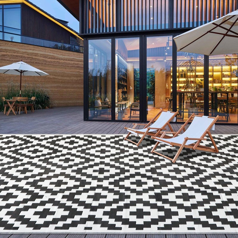 SAND MINE SAND MINE Waterproof Outdoor Rug 9x18 ft Plastic Straw Rug Modern Area Rug Large Floor Mat RV Patio Backyard Deck Picnic Beach Trailer Camping 9 x 18 Black  White Lattice 