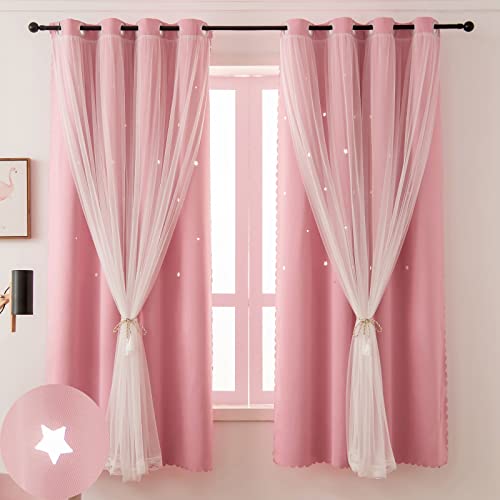 Ftinala Pink Blackout Curtains for Girls Bedroom Cute- Aesthetic Star Cutout Double Layer with Sheer Overlay, 84 Inches Long, 1 Panel Baby Nursery Curtains Kids Room Decor Drapes - Image 1