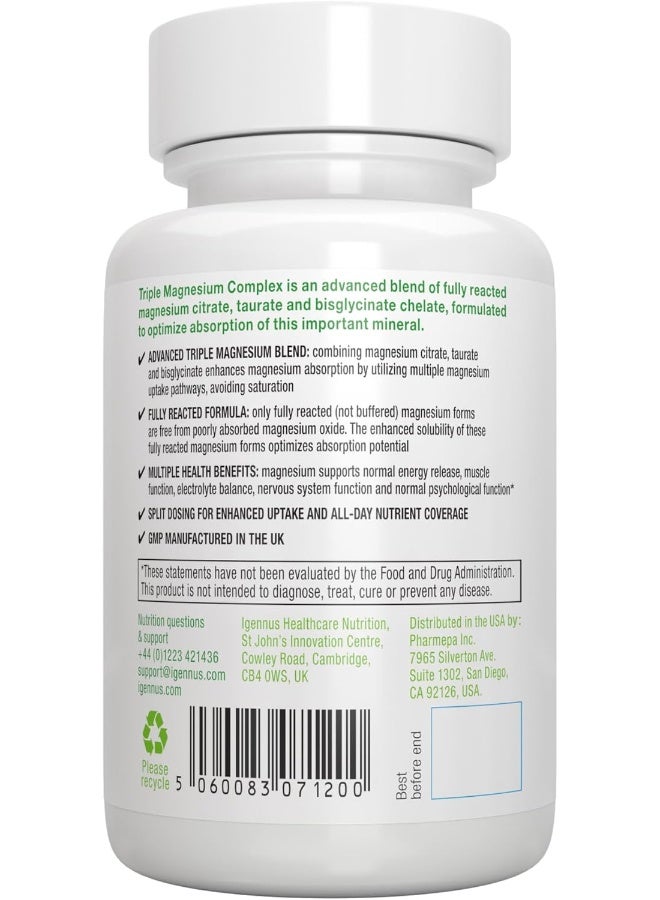 Igennus Healthcare Nutrition Triple Magnesium Complex, High Absorption Chelated Glycinate, Taurate & Citrate, 60 Tablets, For Sleep, Stress, Migraine, Vegan, Non-Buffered, Pure & Oxide-Free, By  - Image 2