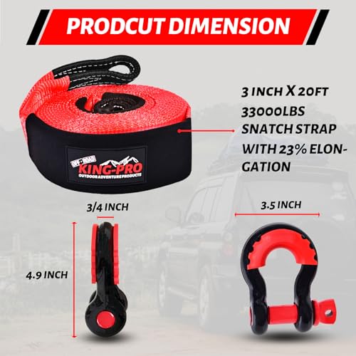 KING-PRO Snatch Strap Recovery Kit 3" x 20ft, 33,000lbs Breaking Strength with 23% Elongation, 100% Nylon Kinetic Towing Strap with 2pcs Heavy Duty 3/4 D Ring Shackles for Truck SUV ATV Off Road - Image 2