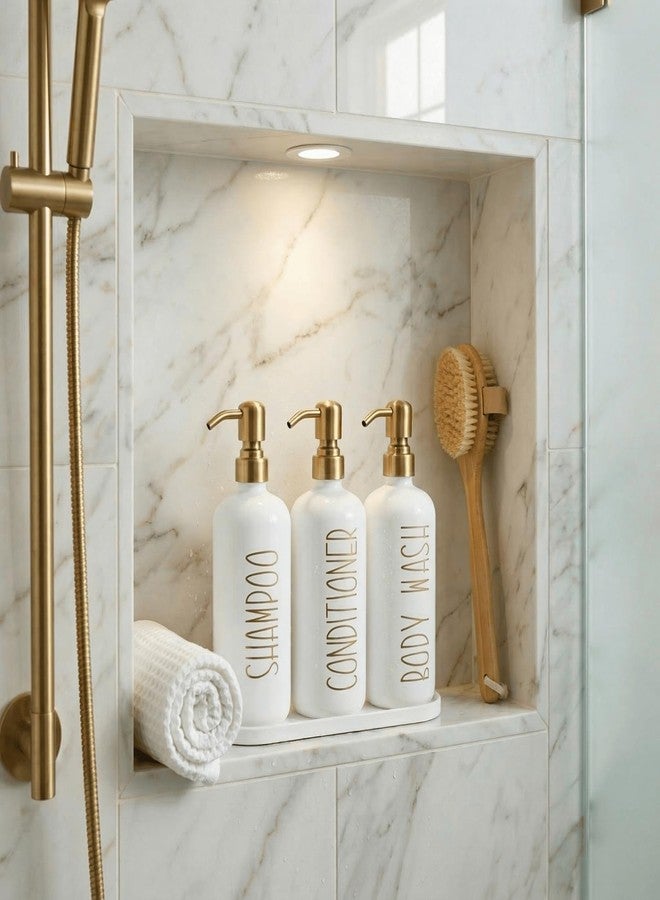 MOMEEMO Shampoo and Conditioner Dispenser Set with Tray, Refillable Shampoo Conditioner Body Wash Dispenser for Shower, Empty Shampoo Bottles with Pump, Bathroom Shower Soap Dispenser Set (Gold) - Image 5