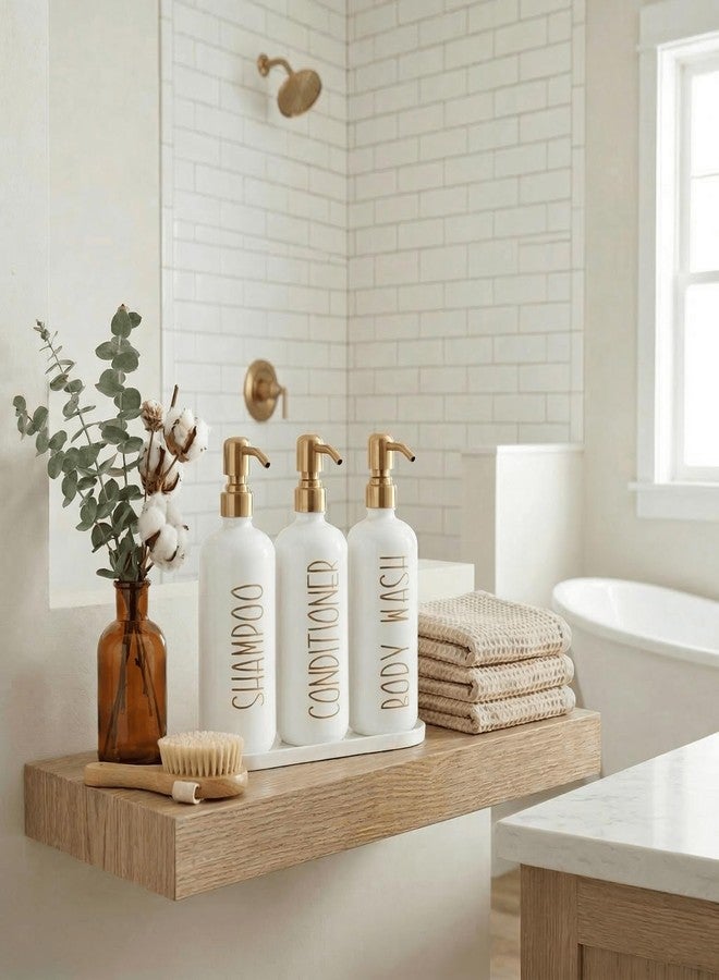 MOMEEMO Shampoo and Conditioner Dispenser Set with Tray, Refillable Shampoo Conditioner Body Wash Dispenser for Shower, Empty Shampoo Bottles with Pump, Bathroom Shower Soap Dispenser Set (Gold) - Image 3