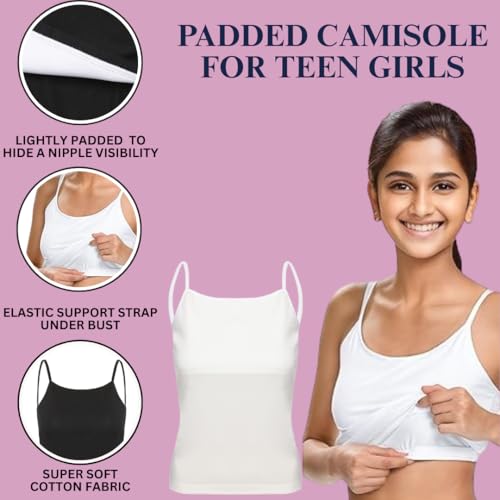 MAGICMOON Padded Camisole for Girls | Flat Padding | Beginners/Teenager Inner for Puberty Cami | Slip with Adjustable Straps (13-14 Years, Black) - Image 3