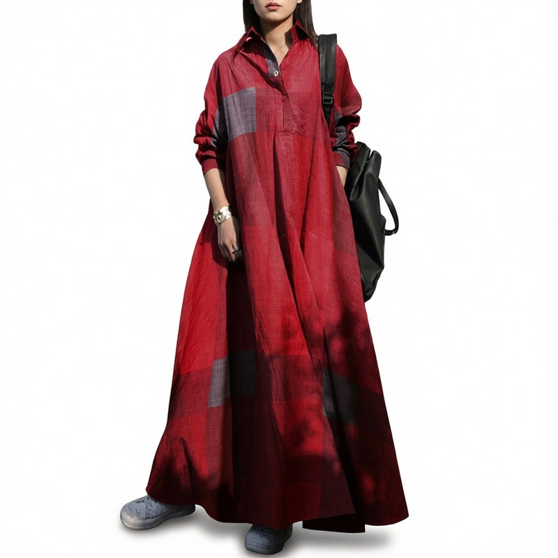 Fashion Cotton Linen Printed Long Sleeve Flared Dress - Image 2