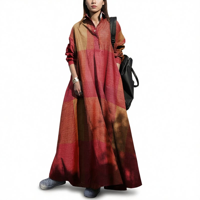 Fashion Cotton Linen Printed Long Sleeve Flared Dress - Image 1