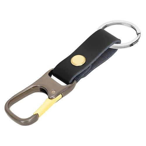 JVCV® Leather Retro Car Keychain Metal Key Ring Clip Buckle Holder for Men and Women (Black, Gold Buckle) - Image 1