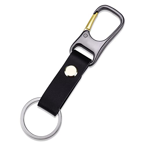 JVCV® Leather Retro Car Keychain Metal Key Ring Clip Buckle Holder for Men and Women (Black, Gold Buckle) - Image 2