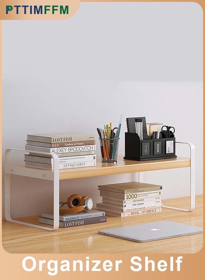 PTTIMFFM Wood & Iron Desk Organizer Shelf, Single-Tier Desktop Storage Rack for Office, Home, Cubicle, Compact Bookshelf and Stationery Holder with Hollow Side Panels (30×20×18 cm) - Image 1