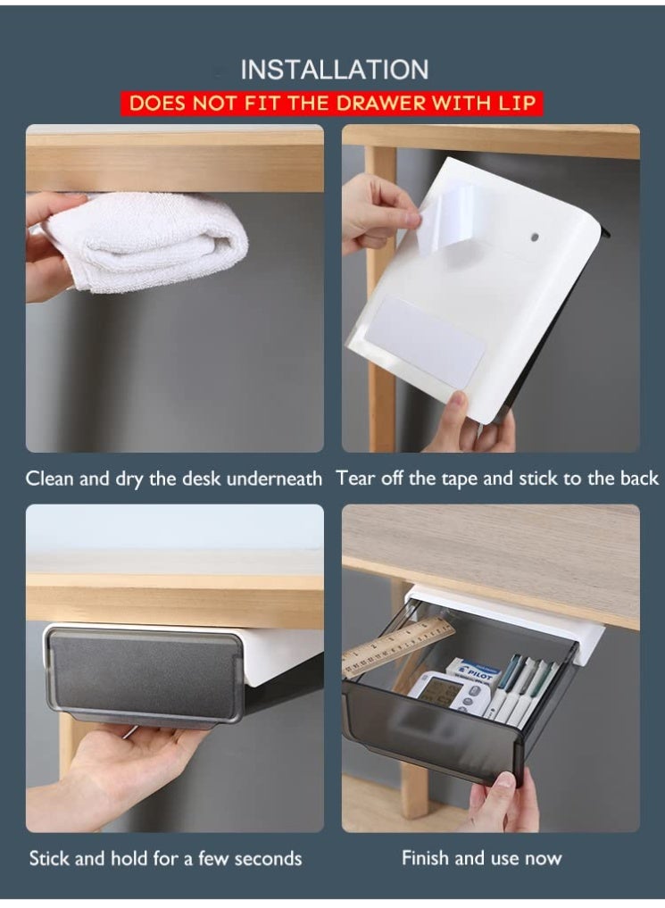 Chabeia 2Pack Self-Adhesive Under Desk Drawer, Hidden Under Desk Storage Drawer Organizer Slide-out Mounted for Home Office School Stationery Storage, No Drilling - Image 5