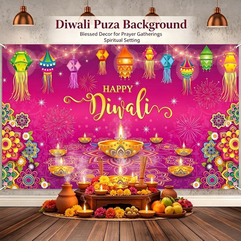 Happy Diwali Photo Backgrounds 180x110cm, Polyester Diwali Backdrop Banner with Diya Rangoli Lanterns for Festival Party Decorations - Image 3