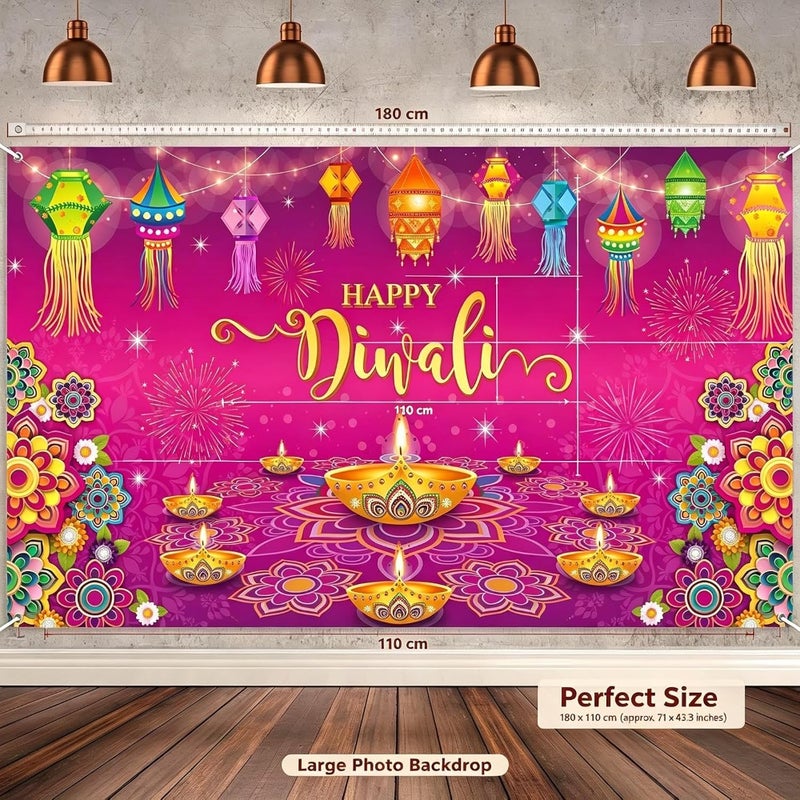 Happy Diwali Photo Backgrounds 180x110cm, Polyester Diwali Backdrop Banner with Diya Rangoli Lanterns for Festival Party Decorations - Image 4