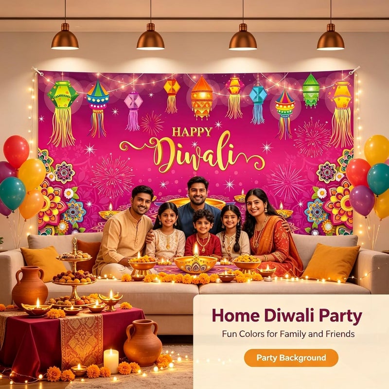Happy Diwali Photo Backgrounds 180x110cm, Polyester Diwali Backdrop Banner with Diya Rangoli Lanterns for Festival Party Decorations - Image 2