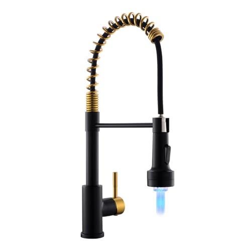 GIMILI Black and Gold Kitchen Faucet with Pull Down Sprayer Single Hole Stainless Steel LED Faucet Suitable for Farmhouses RV Laundry Room Outdoor and Campers Llave para fregadero de cocina