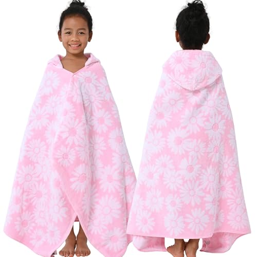 VOOVA & MOVAS Hooded Bath Towels for Kids (3-10Years) - Soft, Absorbent Turkish Cotton Thick Pool Towels with Hood for Toddler,Perfect for Bath | Beach | Pool | Swim, Jacquard, Pink with White Daisys Theme - Image 1