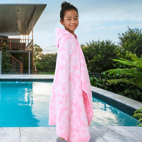 VOOVA & MOVAS Hooded Bath Towels for Kids (3-10Years) - Soft, Absorbent Turkish Cotton Thick Pool Towels with Hood for Toddler,Perfect for Bath | Beach | Pool | Swim, Jacquard, Pink with White Daisys Theme - Image 5
