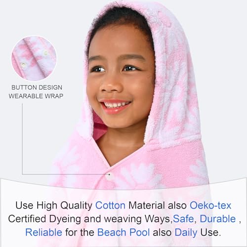 VOOVA & MOVAS Hooded Bath Towels for Kids (3-10Years) - Soft, Absorbent Turkish Cotton Thick Pool Towels with Hood for Toddler,Perfect for Bath | Beach | Pool | Swim, Jacquard, Pink with White Daisys Theme - Image 4