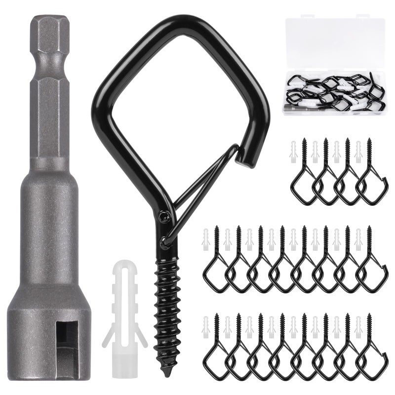 RELBRO Q Hanger Hooks, 2.2 Inch Metal Screw Hooks with Safety Buckle, Heavy Duty, Weatherproof, Black, 20 Pcs - Image 1