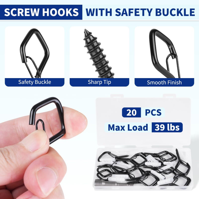 RELBRO Q Hanger Hooks, 2.2 Inch Metal Screw Hooks with Safety Buckle, Heavy Duty, Weatherproof, Black, 20 Pcs - Image 5