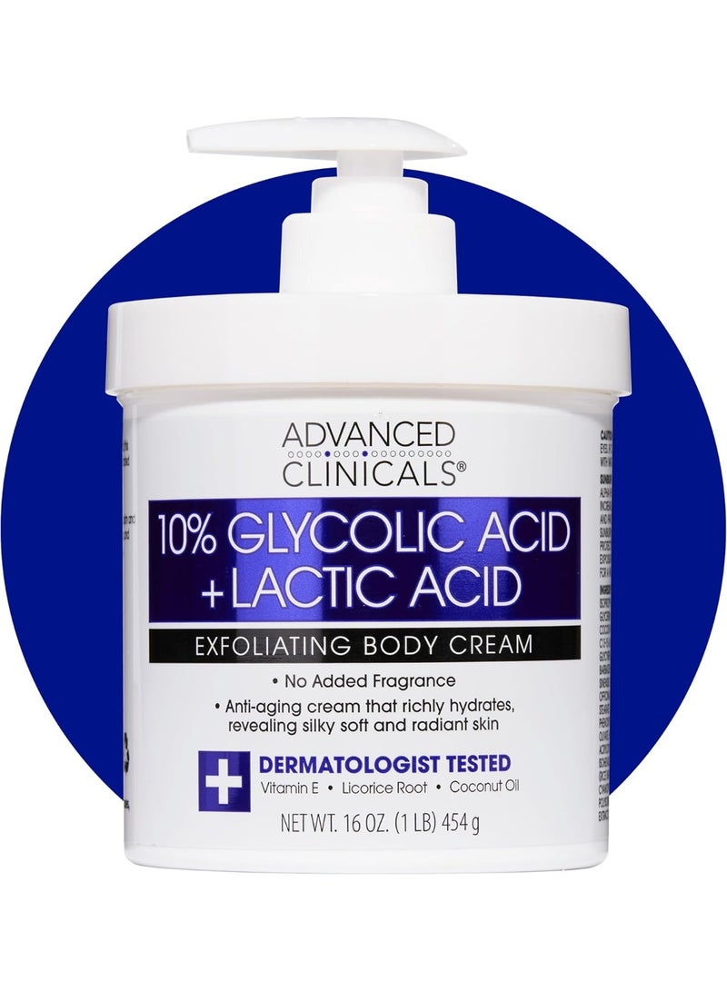 Advanced Clinicals 10% Glycolic Acid + Lactic Acid Exfoliating Body Cream 454g – Anti-Aging Exfoliation for Smooth Skin - Image 1