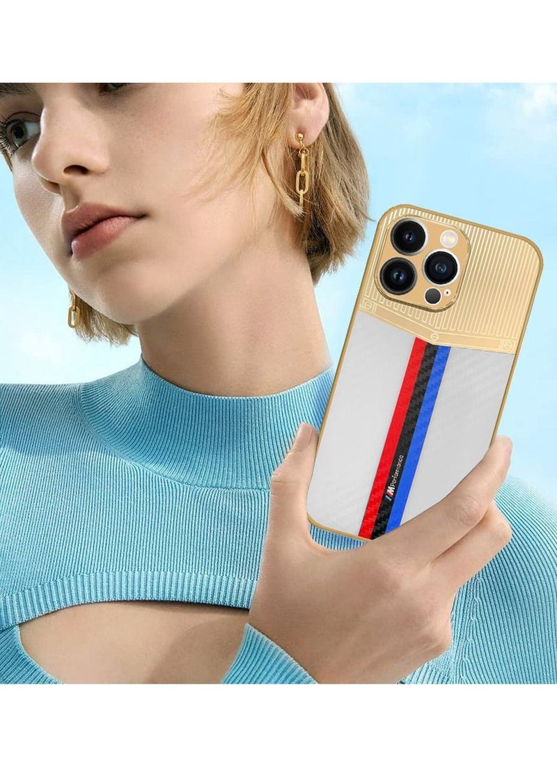 JOWAY iPhone 13 Pro Max Luxury Gold Plated Case Hybrid Electroplated Frame Back Cover with Carbon Fiber Texture White/Blue/Red  - Image 4