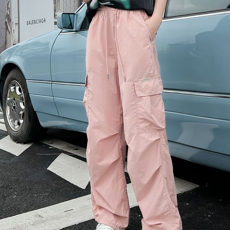 Junior High School Students And Older Children Pink Quick-Drying Cargo Pants Girls Summer Thin Wide-Leg Pants High School Students Casual Long Pants - Image 1