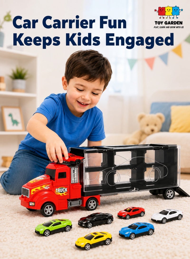 TOY GARDEN Toy Truck Transport Car Carrier Toy for Boys and Girls age 3-10 yrs old - Hauler Truck Includes 6 Toy Cars and Accessories - Ideal Gift For Kids - Image 1