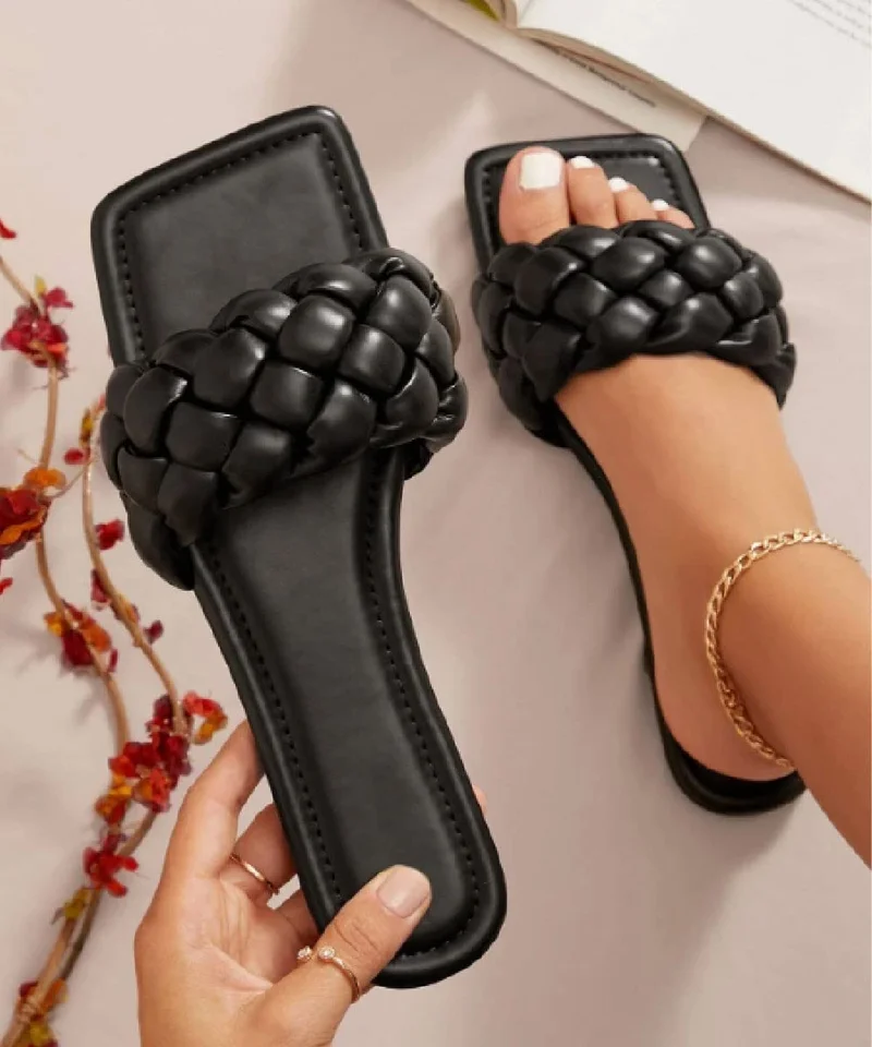 شوتوبيا Shoetopia Women's  Braided Flat Slip-On Sandals Comfortable || Open-Toe Casual Slides for Summer, Beach