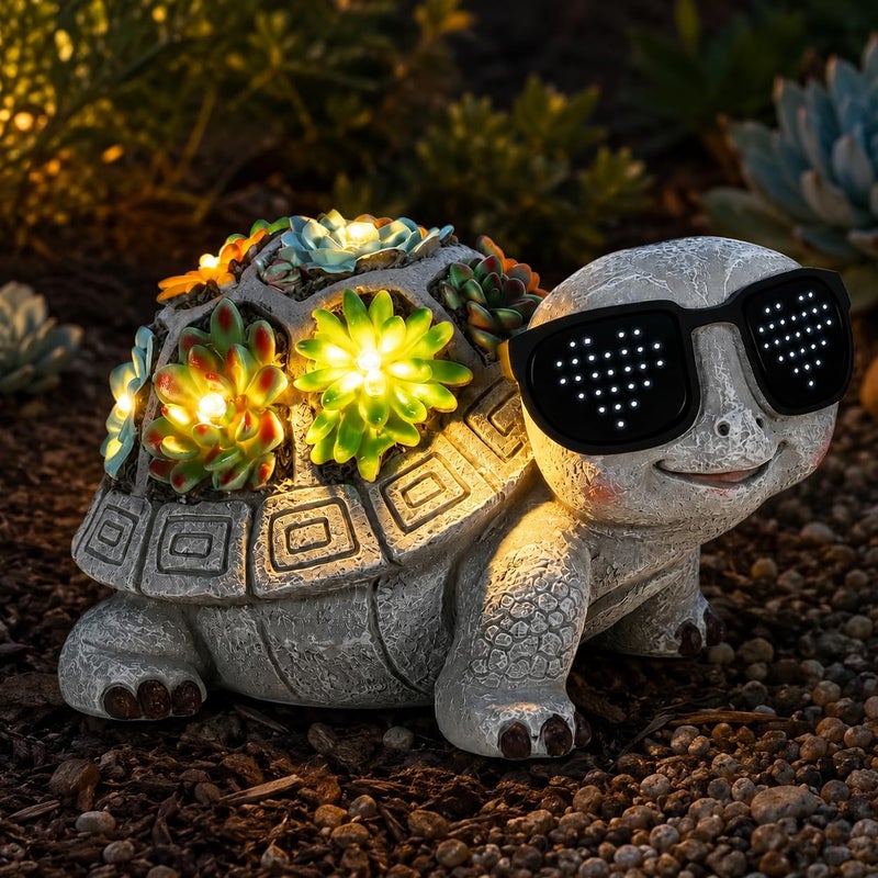 Pawatee Unique Solar Garden Turtle Statue with I Love You LED Sunglasses and Succulent LED Lights Lawn Decor Tortoise Figurine for Patio Balcony Yard Ornament for Mom Women Grandma - Image 2