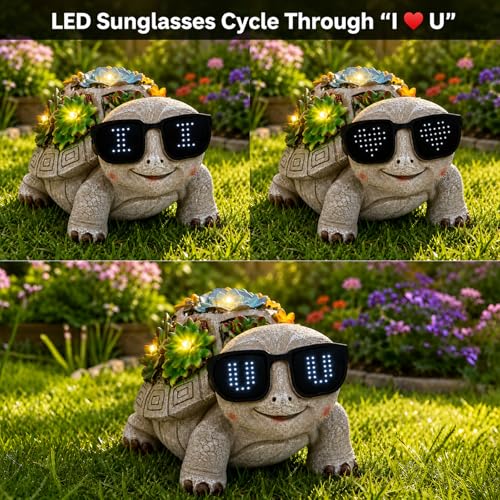 Pawatee Unique Solar Garden Turtle Statue with I Love You LED Sunglasses and Succulent LED Lights Lawn Decor Tortoise Figurine for Patio Balcony Yard Ornament for Mom Women Grandma - Image 3