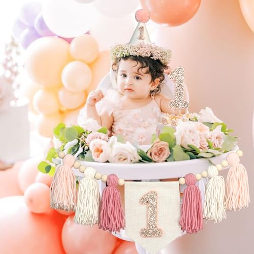 HODIHIWI Pink Baby Girl 1st Highchair Banner Wood Bead Tassel Garland Conical Cap Bling Cake Topper Birthday Party Decorations - Image 4
