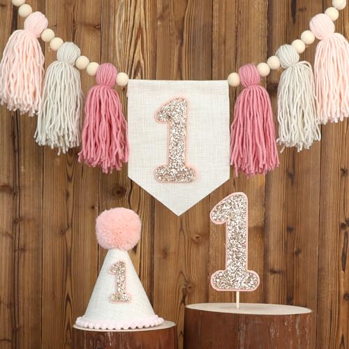HODIHIWI Pink Baby Girl 1st Highchair Banner Wood Bead Tassel Garland Conical Cap Bling Cake Topper Birthday Party Decorations - Image 1