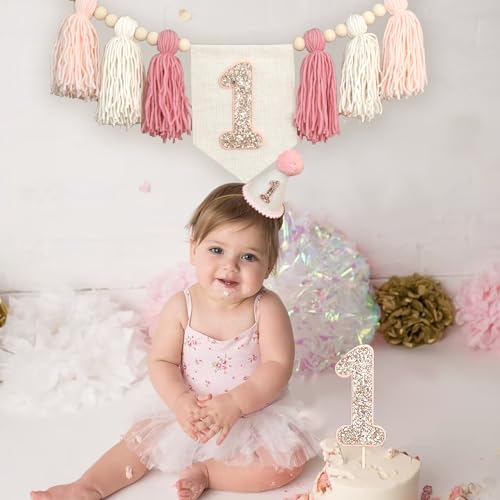 HODIHIWI Pink Baby Girl 1st Highchair Banner Wood Bead Tassel Garland Conical Cap Bling Cake Topper Birthday Party Decorations - Image 5