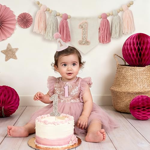 HODIHIWI Pink Baby Girl 1st Highchair Banner Wood Bead Tassel Garland Conical Cap Bling Cake Topper Birthday Party Decorations - Image 3
