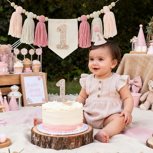 HODIHIWI Pink Baby Girl 1st Highchair Banner Wood Bead Tassel Garland Conical Cap Bling Cake Topper Birthday Party Decorations - Image 2