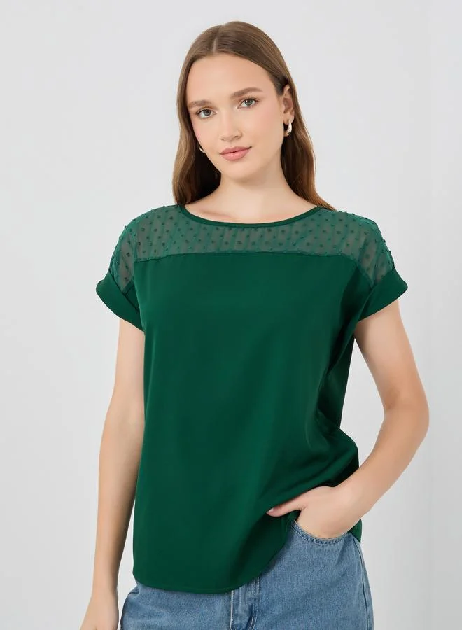 تايك تو Take Two Solid Round Neck Short Sleeve Blouse
