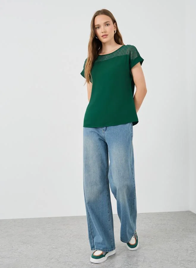 تايك تو Take Two Solid Round Neck Short Sleeve Blouse