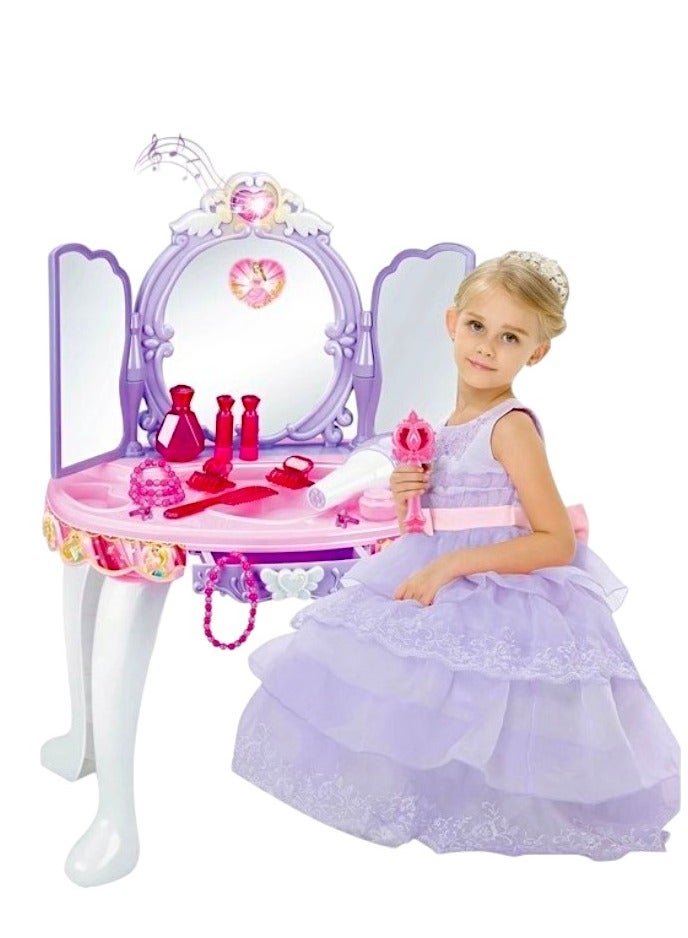 Toy Box Dressing Table Play Set Sensor Operating Toy Beauty Dresser Girl Princess Make up Toys Pretend Play Cosmetic Toy Dresser Set with Light, Music & Chair - Image 1