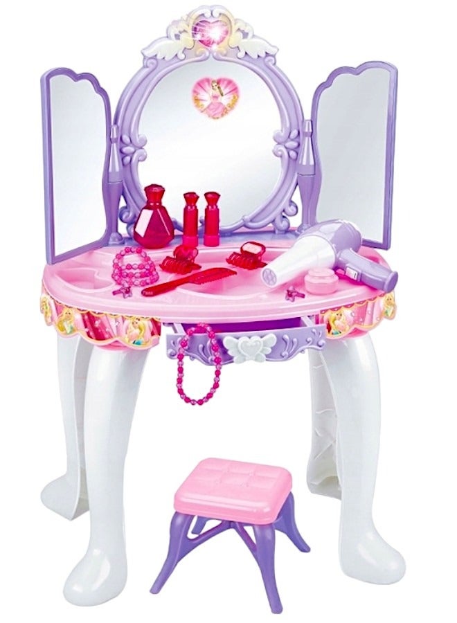 Toy Box Dressing Table Play Set Sensor Operating Toy Beauty Dresser Girl Princess Make up Toys Pretend Play Cosmetic Toy Dresser Set with Light, Music & Chair - Image 2