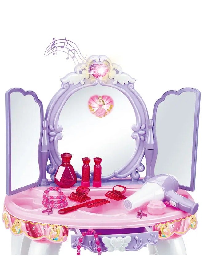 Toy Box Dressing Table Play Set Sensor Operating Toy Beauty Dresser Girl Princess Make up Toys Pretend Play Cosmetic Toy Dresser Set with Light, Music & Chair - Image 3